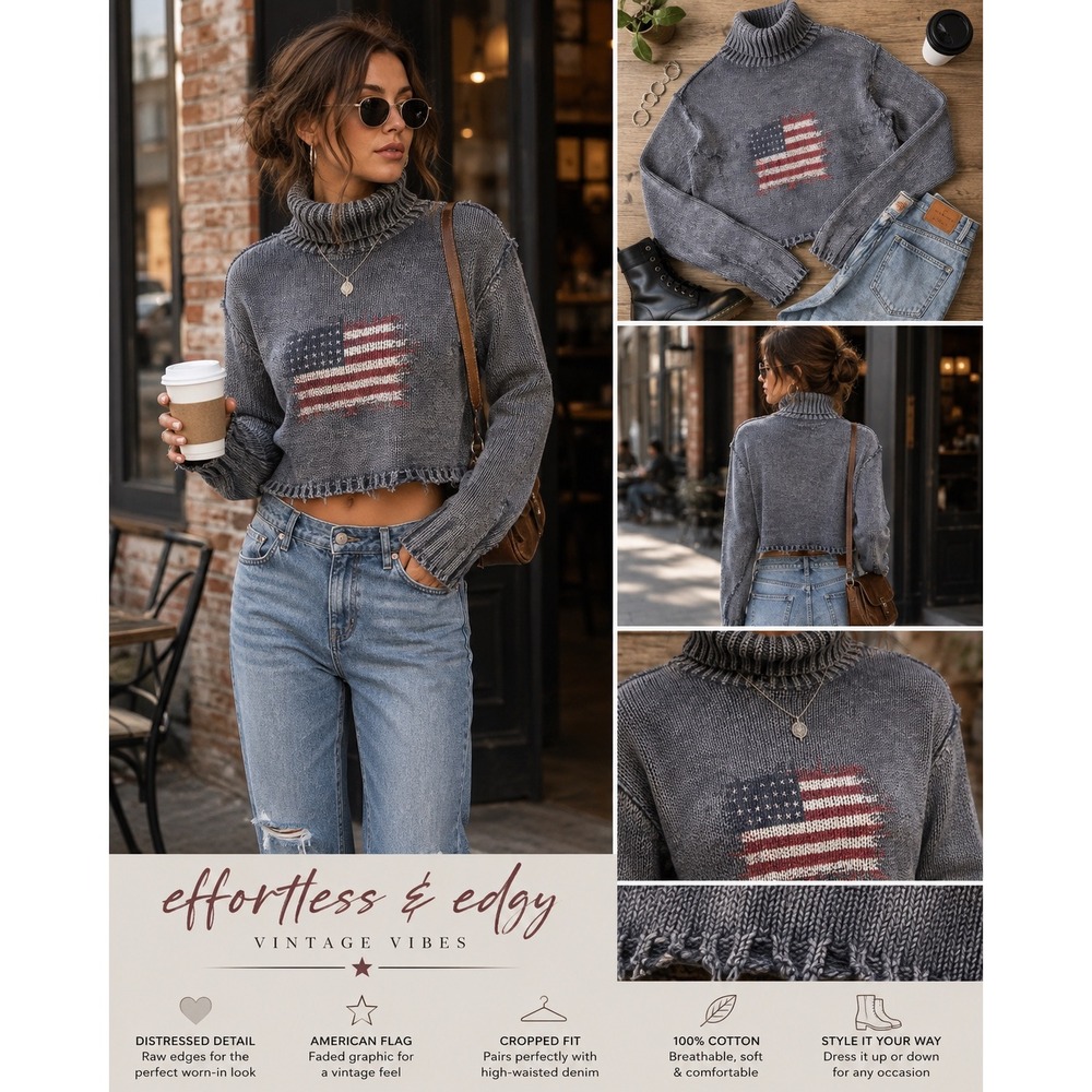 Womens M Cropped Distressed Y2K Grunge Sweater American Flag Blue  Cotton USA